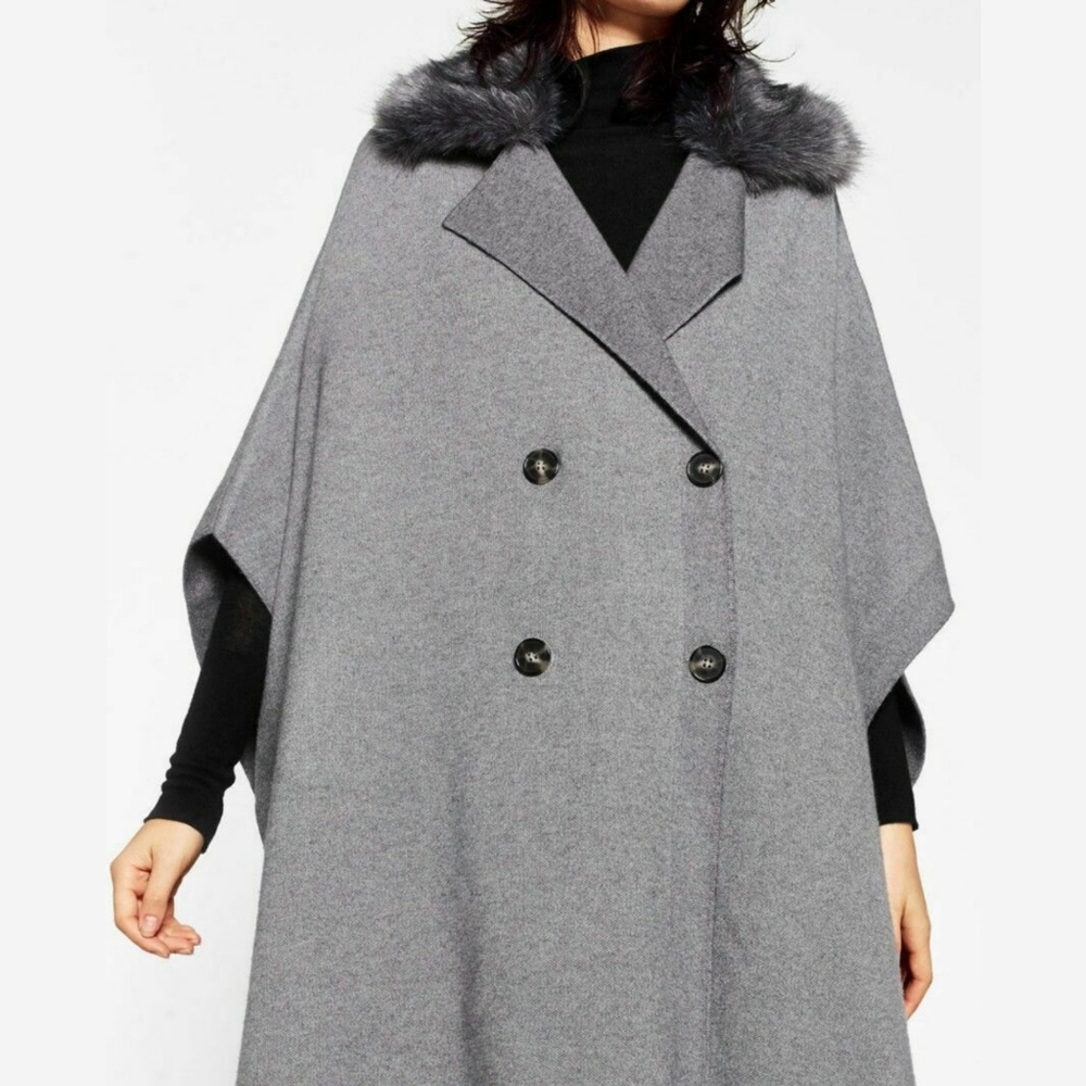 NWT Zara Oversized Long Knitted Poncho Coat Jacket Fur Collar; Gray; M